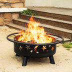 32 Inch Round Fire Pit With Mesh Cover, Fire Poker, Star And Moon Design, Metal Wood Burning Outdoor Firepit For Patio, Backyard, Garden, Bonfire Party,Perfect For Christmas, Thanksgiving, Halloween