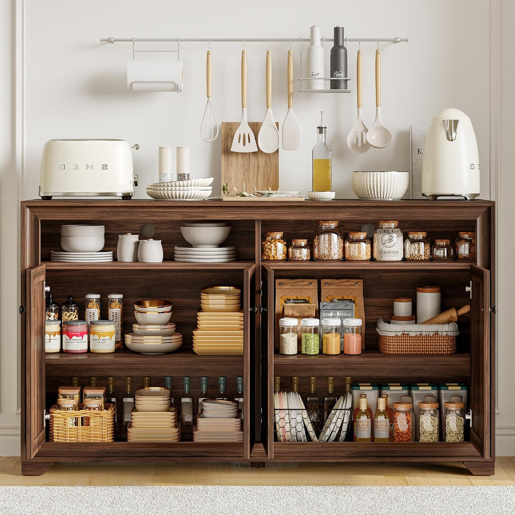 60 Inches Sideboard Buffet Cabinet With Storage, 4 Doors Large Sideboard, Kitchen Cabinet With Open Shelf & Adjustable Shelf, Kitchen Coffee Bar Console Table For Living Room, Hallway, Brown