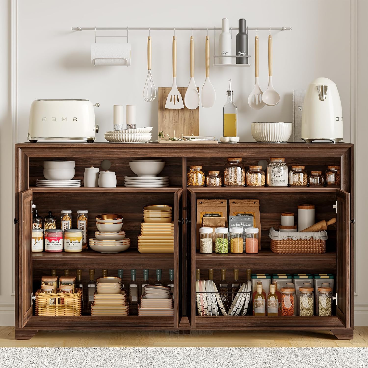 60 Inches Sideboard Buffet Cabinet With Storage, 4 Doors Large Sideboard, Kitchen Cabinet With Open Shelf & Adjustable Shelf, Kitchen Coffee Bar Console Table For Living Room, Hallway, Brown