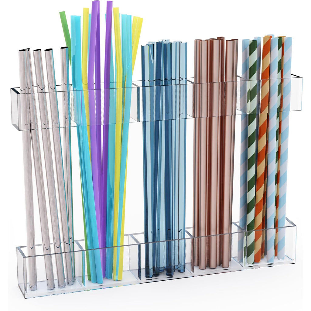 Upgraded 9.5'' Large Acrylic Straw Holder For Cabinet Door, Adjustable Space-Saving Straw Organizer Storage Dispenser For Cabinet With Ultra Sticky Adhesive Strips, 2-Part Rack, Drainage Holes
