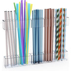 Upgraded 9.5'' Large Acrylic Straw Holder For Cabinet Door, Adjustable Space-Saving Straw Organizer Storage Dispenser For Cabinet With Ultra Sticky Adhesive Strips, 2-Part Rack, Drainage Holes