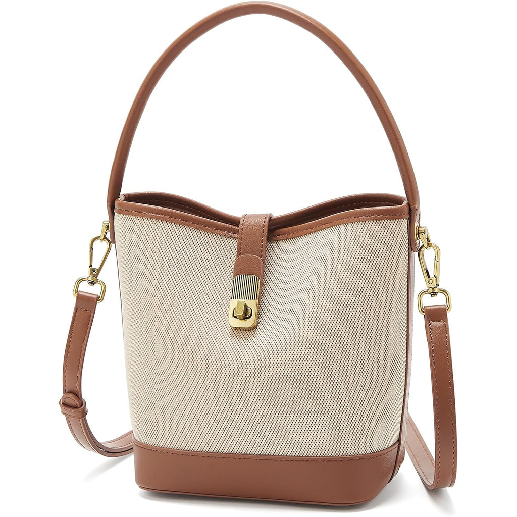 Foxlover Coated Canvas Bucket Crossbody Bags For Women Top-Handle Handbags Small Satchel Purse Trendy Twist Lock