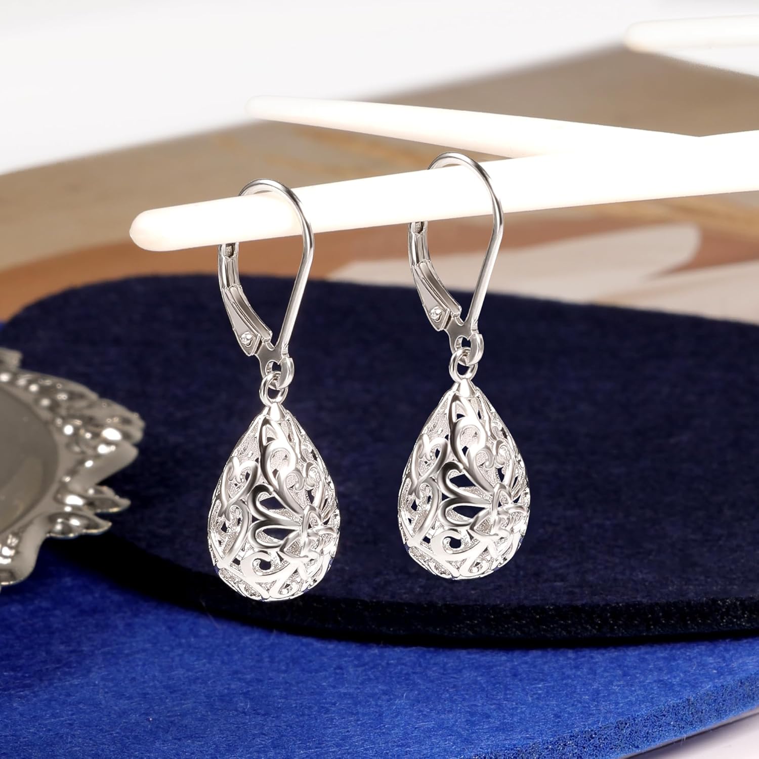 925 Sterling Silver 14K Gold French Style Leverback Earrings, Heart Dangle Drop Earrings for Women Hypoallergenic Jewelry