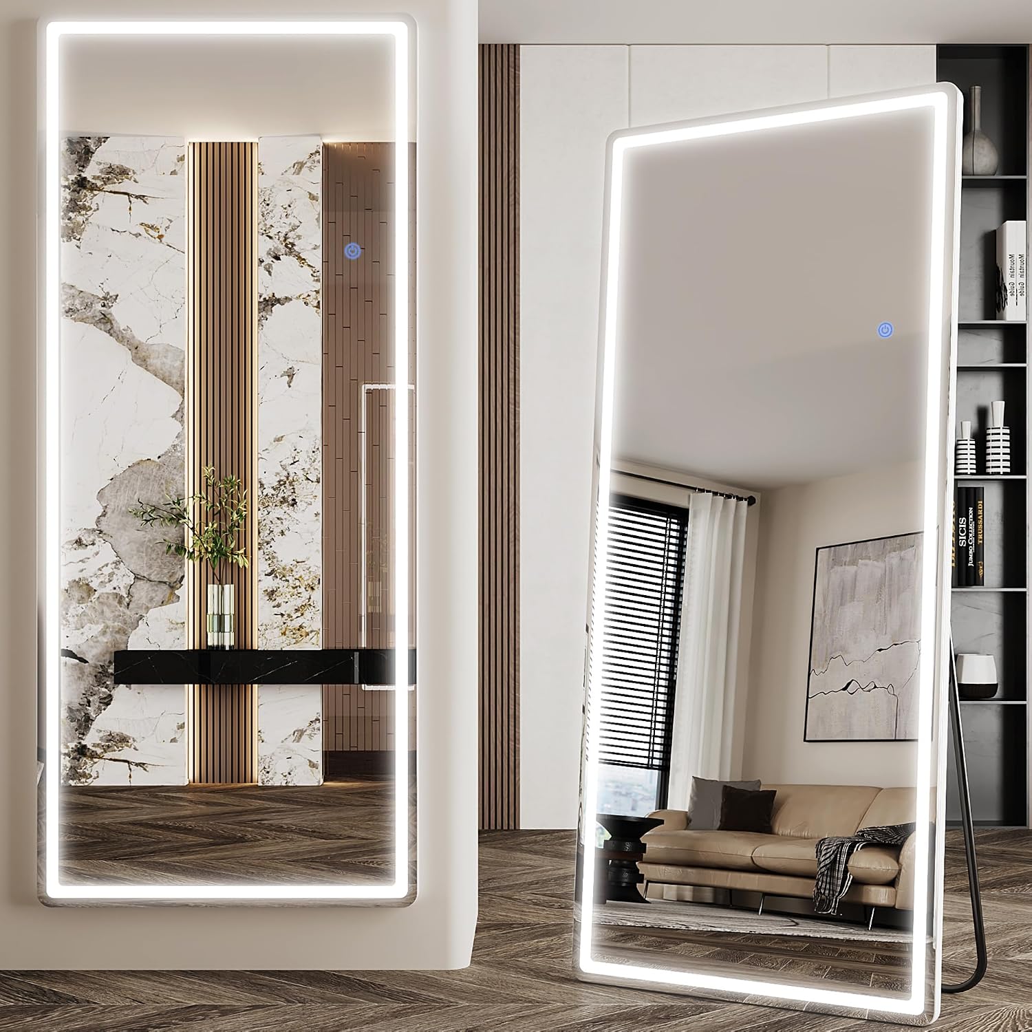 Antok Led Full Length Mirror With Light, 71"X28" Lighted Full Body Mirror With Stand, Dimmable & 3 Color Lighting Standing/Leaning/Wall Mounted Vanity Mirror For Bedroom Cloakroom Livingroom(Rect)