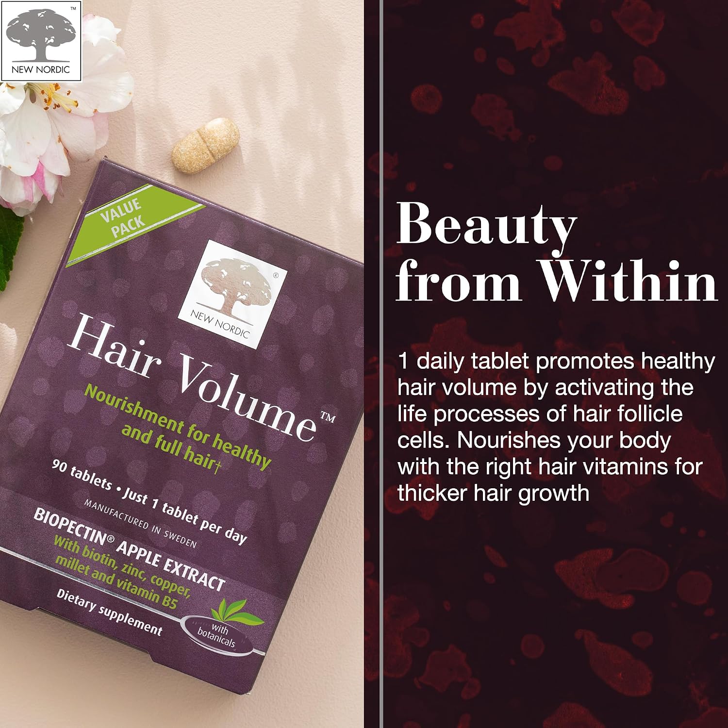 New Nordic Hair Volume Daily Biotin Support Supplement | 90 Tablets | Daily Hair Supplement Tablets Made With Biotin And Annurka Apple Extract For Simple Incorporation Into Your Daily Routine