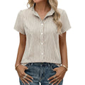 Women's Striped Button Down Shirts Summer Short Sleeve Tops Ruffle Collar Work Blouses Business Casual Outfits