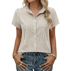 Women's Striped Button Down Shirts Summer Short Sleeve Tops Ruffle Collar Work Blouses Business Casual Outfits