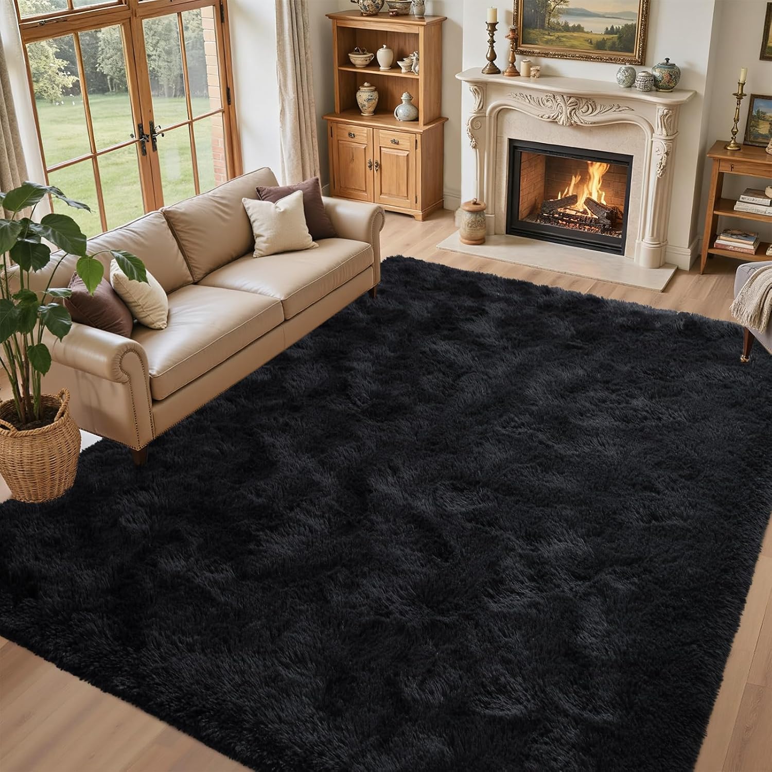5x7 Black Area Rugs for Living Room, Large Fluffy Shag Bedroom Rugs Non-Slip, Ultra Soft Plush Carpet for Nursery Kids PlayRoom Dorm Office Indoor Modern Carpets