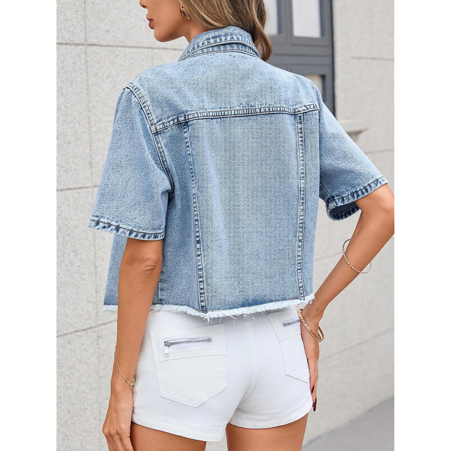 Short Sleeve Denim Jacket For Women Summer Frayed Hem Jean Cropped Jacket Casual Crop Cardigan