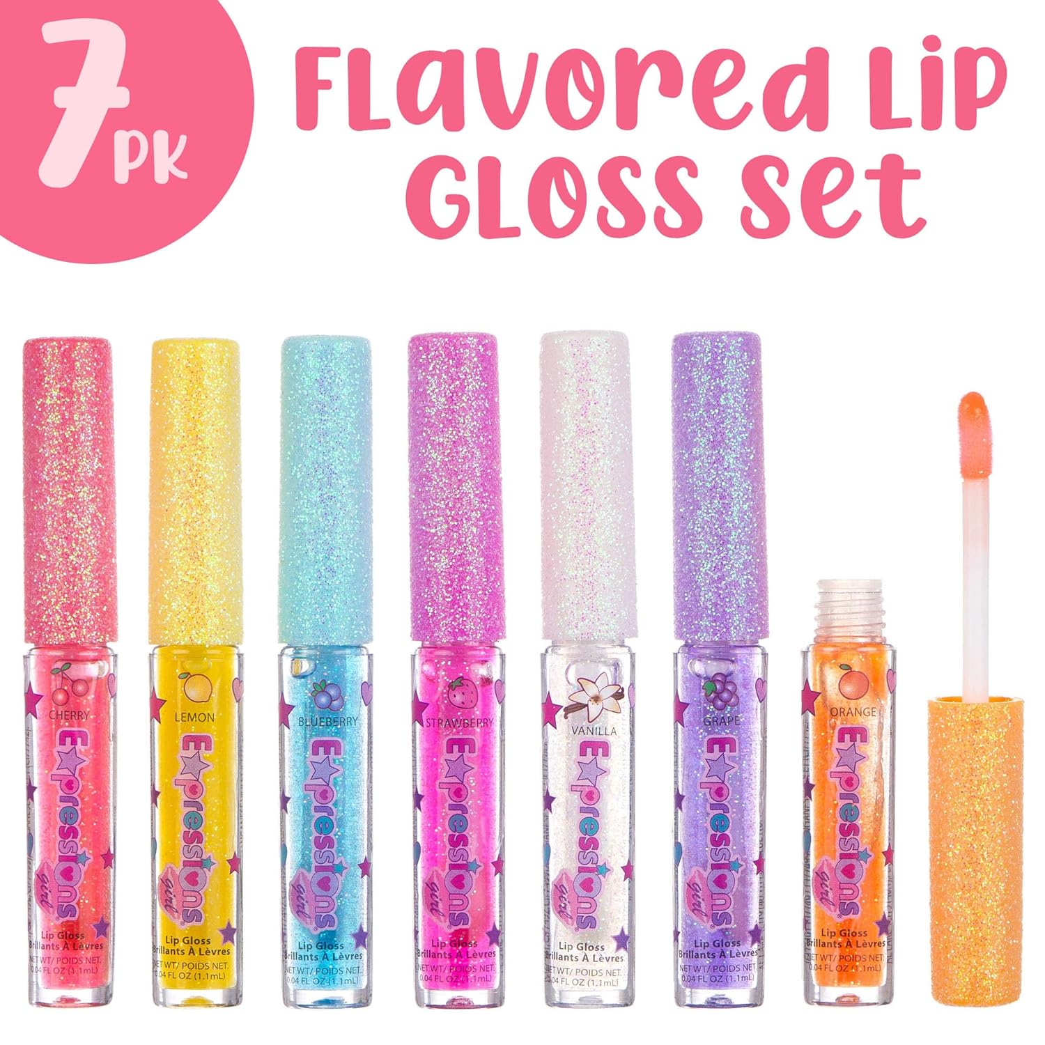 Expressions girl 7pc Fruity Flavored Lip Gloss Set – Assorted Fruit Flavor Lip Glosses | Non-Toxic Kids Makeup | Fun Shiny Lip Gloss Collection for Kids, Teens & Girls – Sweet & Glossy Lip Care