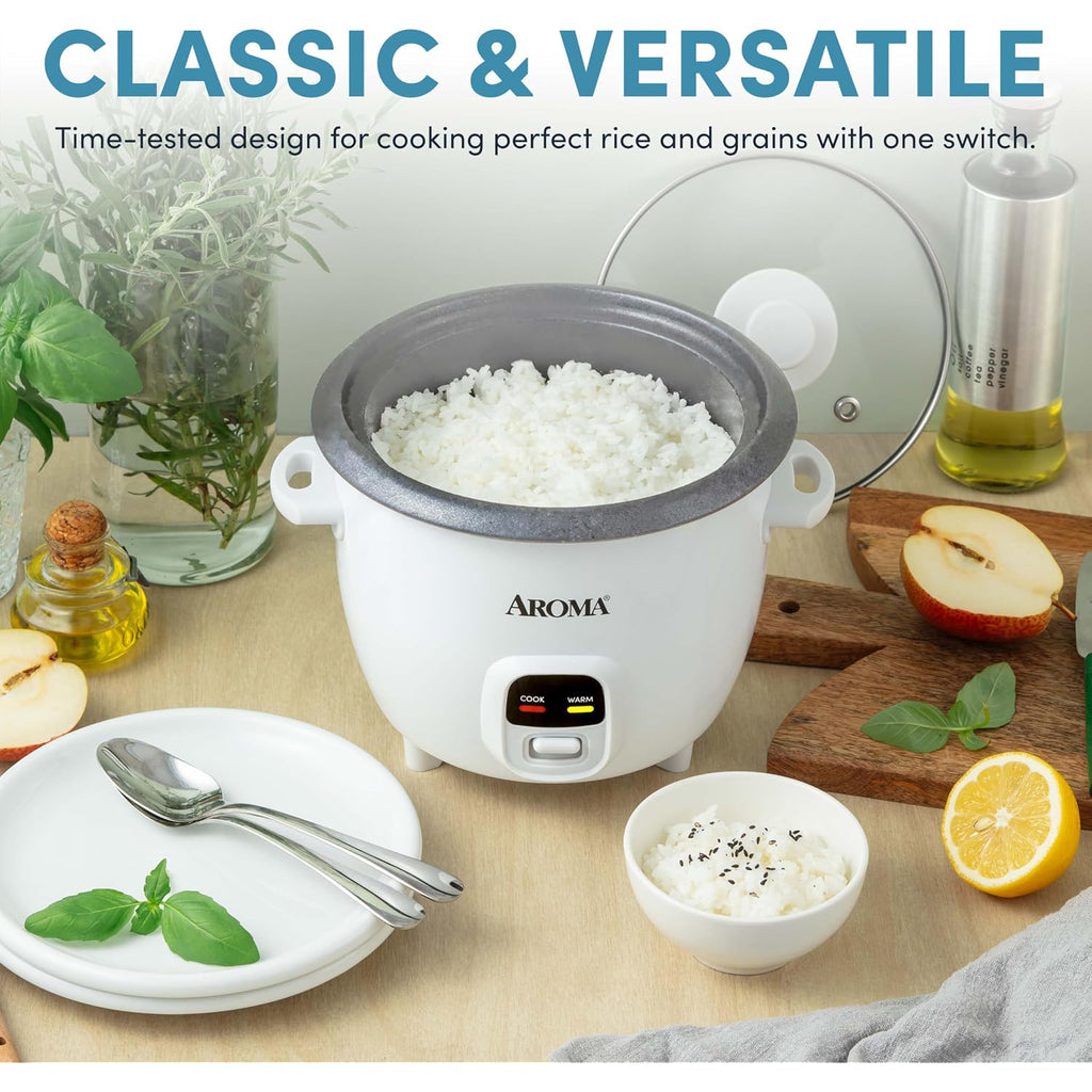 Aroma Rice Cooker, 3-Cup (Uncooked) / 6-Cup (Cooked), Small Rice Cooker, Oatmeal Cooker, Soup Maker, Auto Keep Warm, 1.5 Qt, White, Arc-393Ng