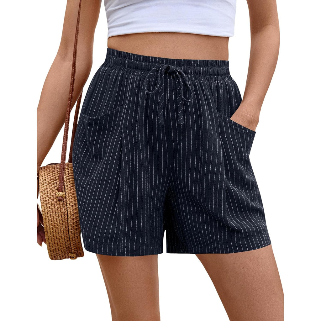 Linen Shorts Women Casual Wide Leg High Waisted Summer Outfits Comfy Elastic Waist Beach Shorts with Pockets