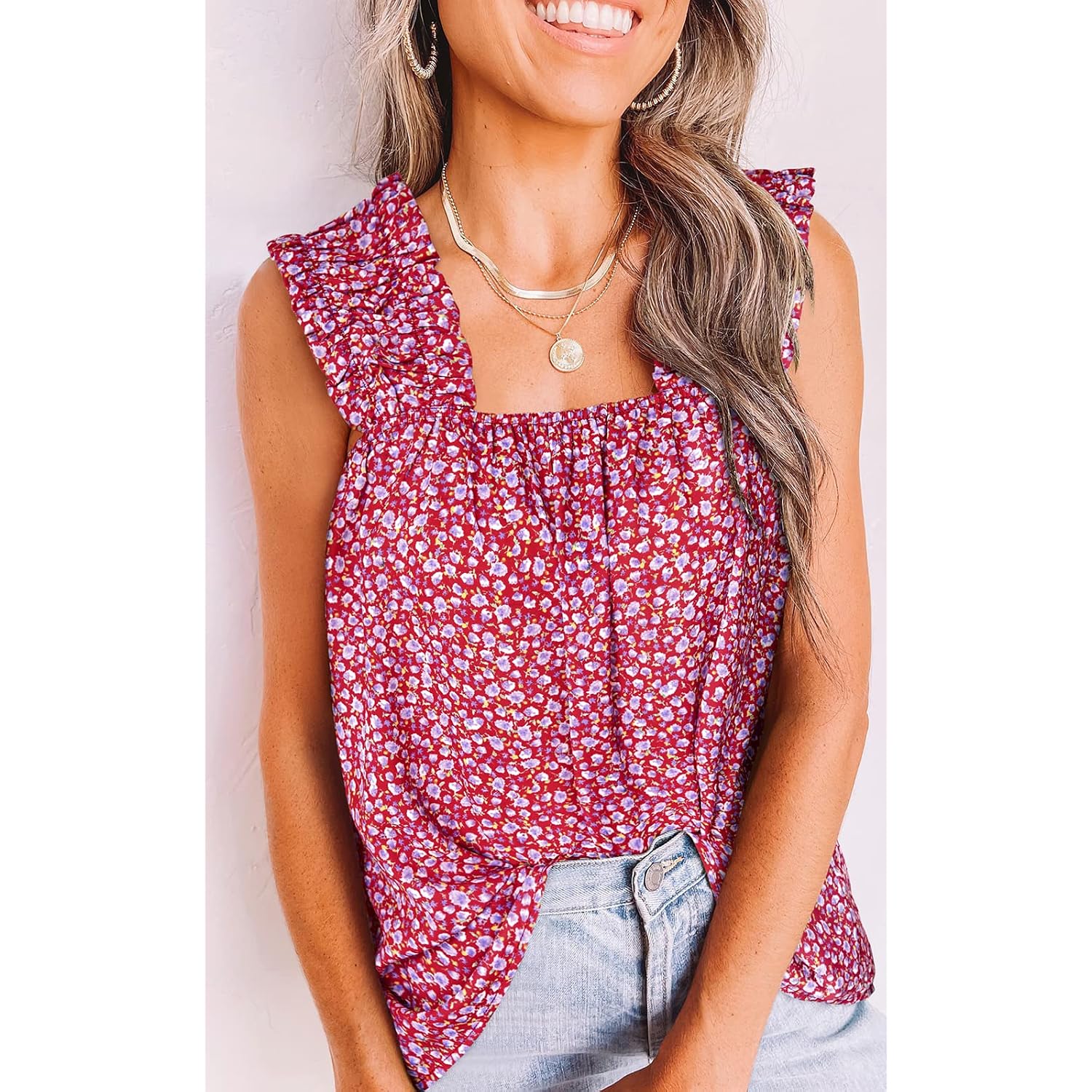 Prettygarden Boho Floral Tank Tops For Women, Shirred Straps Pleated Summer Casual Sleeveless Shirts Tops Beach Blouses
