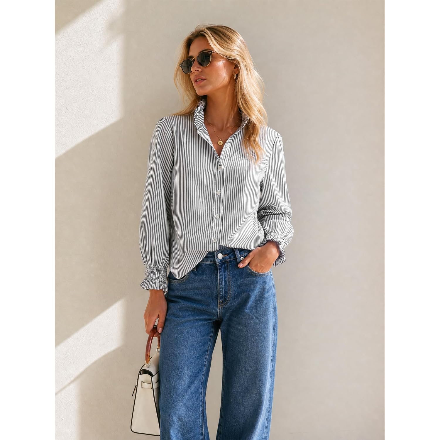 Funlingo Women'S Striped Button Down Shirts Long Sleeve Smocked Cuffed Ruffle Collar Blouses Spring Work Business Casual Tops