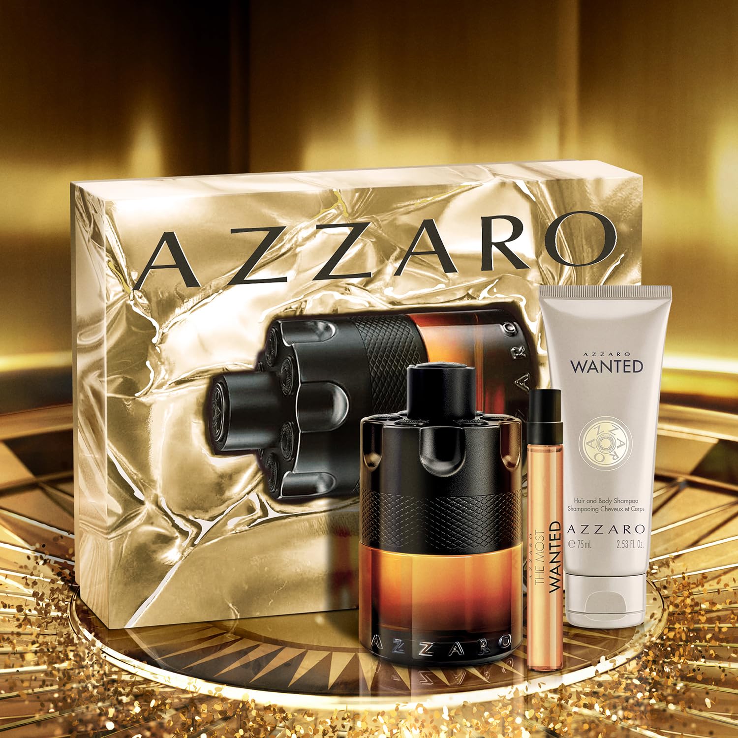 Azzaro The Most Wanted Parfum - Intense Mens Cologne Set ($205 Value) - 3-Piece Set with Full Size + Travel Size Fragrances, Hair & Body Wash - Lasting Wear
