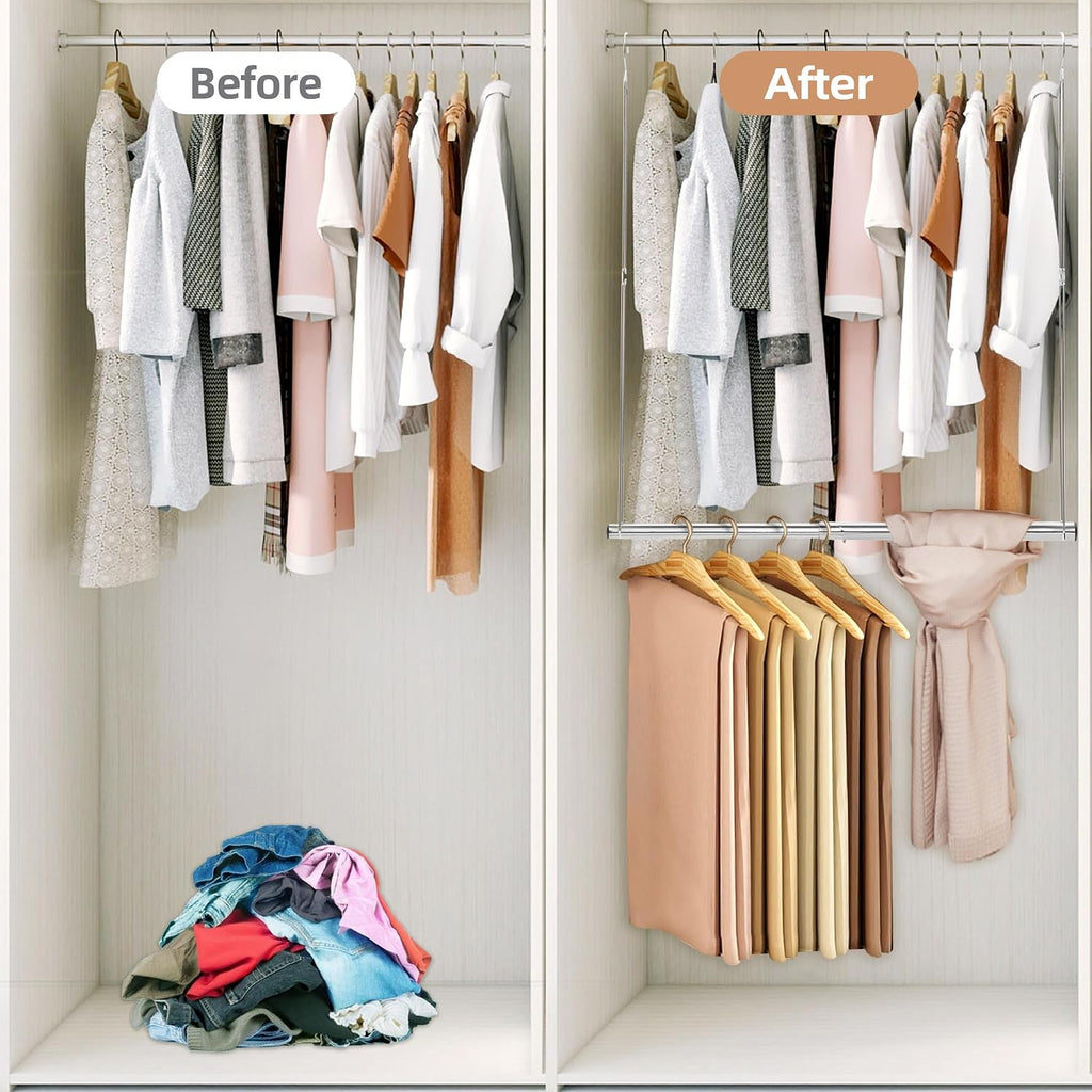 Storage Maniac Hanging Closet Rod, Adjustable Width And Height Closet Hanging Organizer, Space-Saving Clothes Hanging Bar, Closet Extender Hanging Rod Double Closet Hanging Rod, 2 Pack Chrome