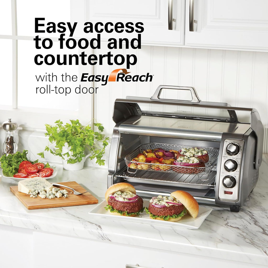 Hamilton Beach Easy Reach 6 Slice Countertop Air Fryer Toaster Oven Combo | Roll-Top Door For Easy Access | Bake, Broil & Toast Functions | 150 To 450ºF Adjustable Temp | Auto Shutoff | Stainless Steel