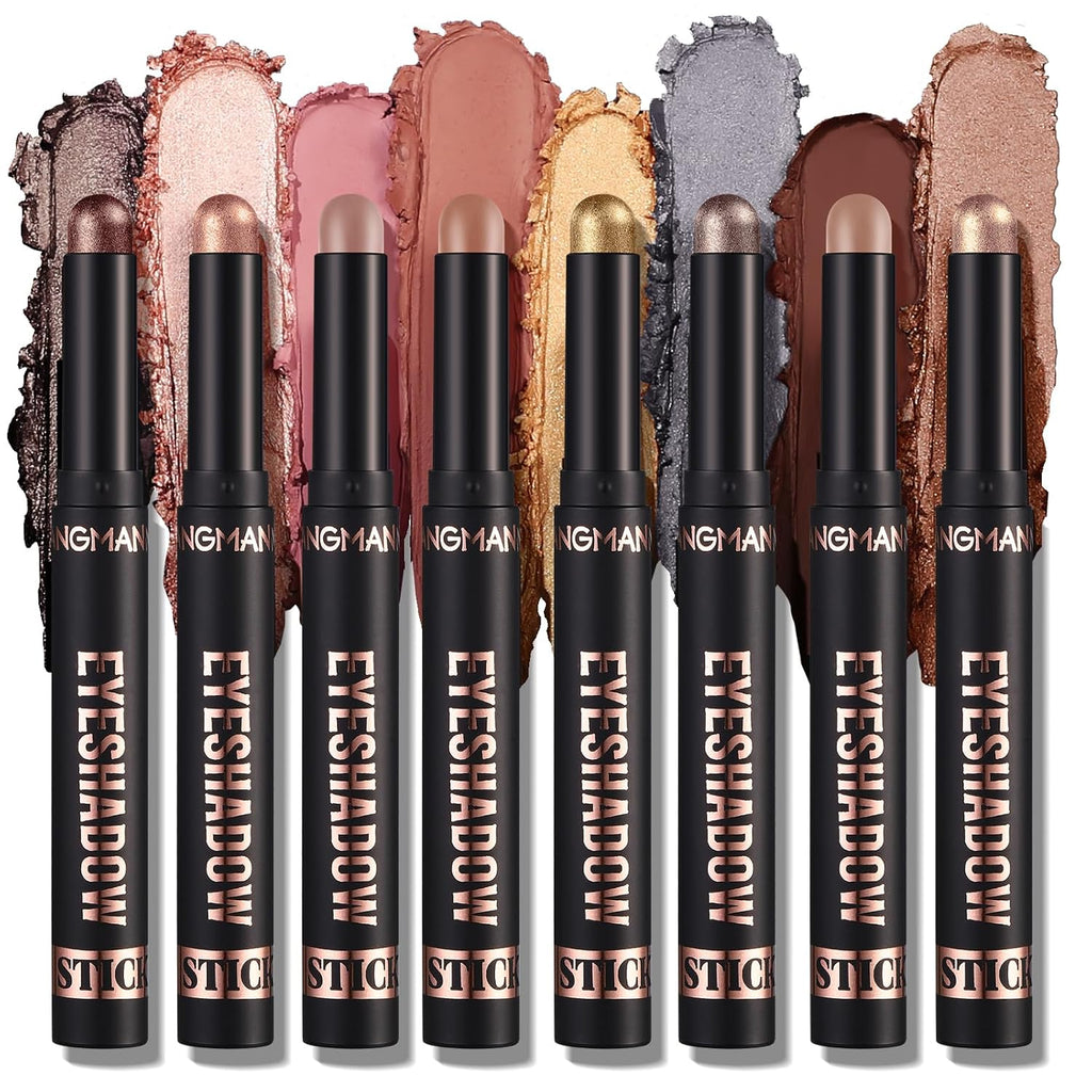LANGMANNI 8 PCS Soft Smooth Cream Eyeshadow Stick Gift Set,Matte Earth Color+Bright Metal Color Contour Stick,Waterproof & Long-Lasting Eyeshadow (#B)