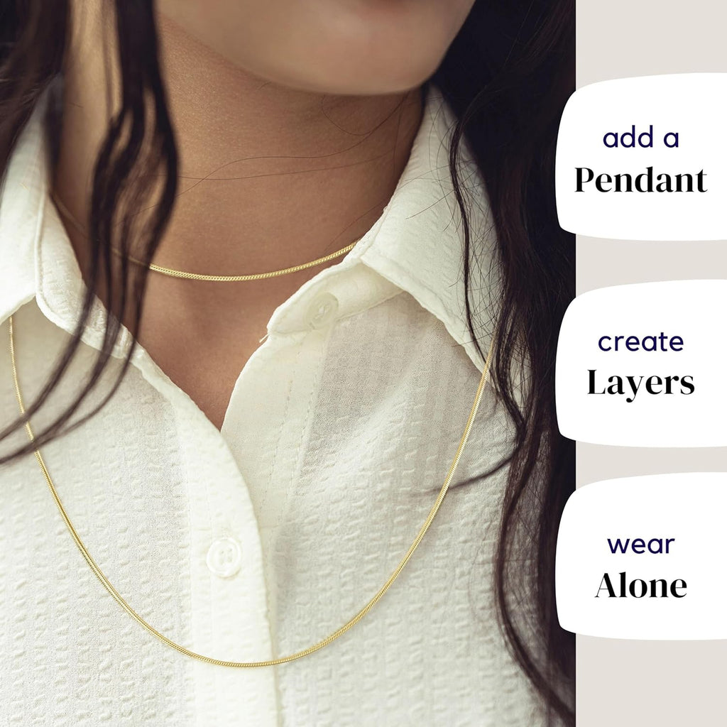 KISPER 24k Gold Snake Chain Necklace – Thin, Dainty, Gold Plated Stainless Steel Jewelry for Women & Men with Lobster Clasp