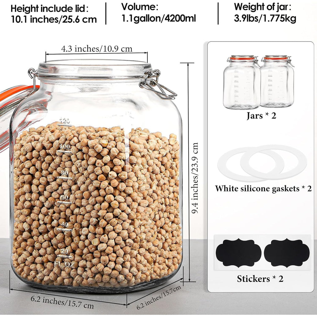 [Upgrade] 2 Pack Square Super Wide Mouth Airtight Glass Storage Containers With Lids, 1.1 Gallon Glass Jars With 2 Measurement Marks, Canning Jars With Leak-Proof Lid For Kitchen (Spare Gasket)