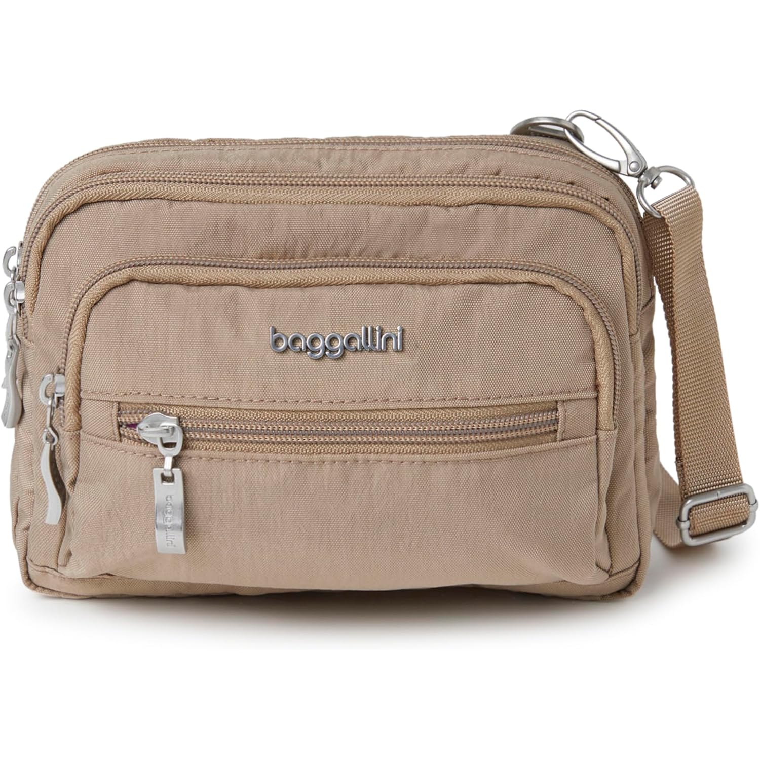 Baggallini Triple Zip Small Crossbody Bag for Women - Lightweight Convertible Fanny Pack Belt Bag