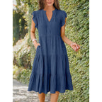 Anrabess Womens Summer Dress Ruffle Sleeve V Neck Midi Dresses Fashion Casual Fit Flowy Tiered Boho Beach Vacation Sundress