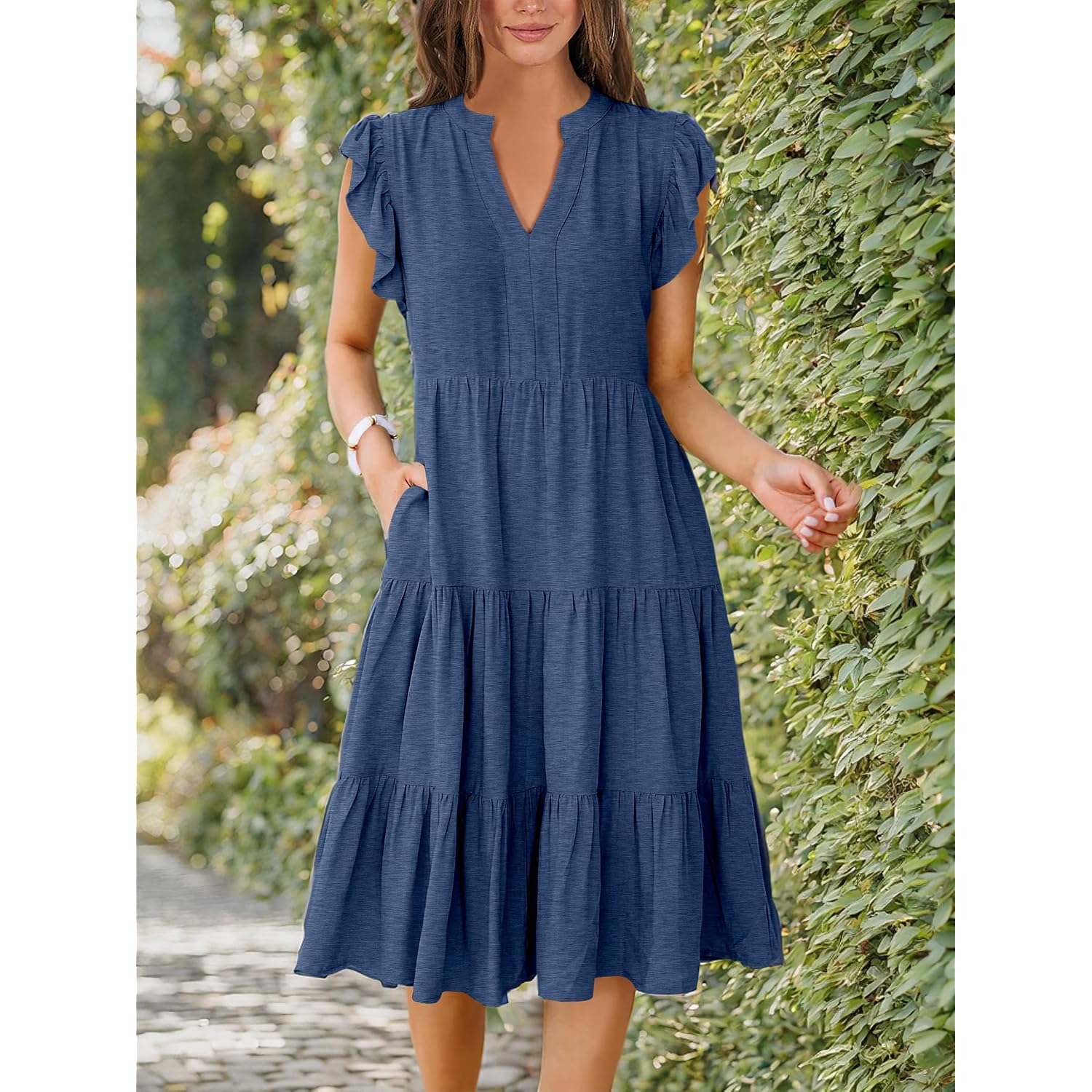 Anrabess Womens Summer Dress Ruffle Sleeve V Neck Midi Dresses Fashion Casual Fit Flowy Tiered Boho Beach Vacation Sundress