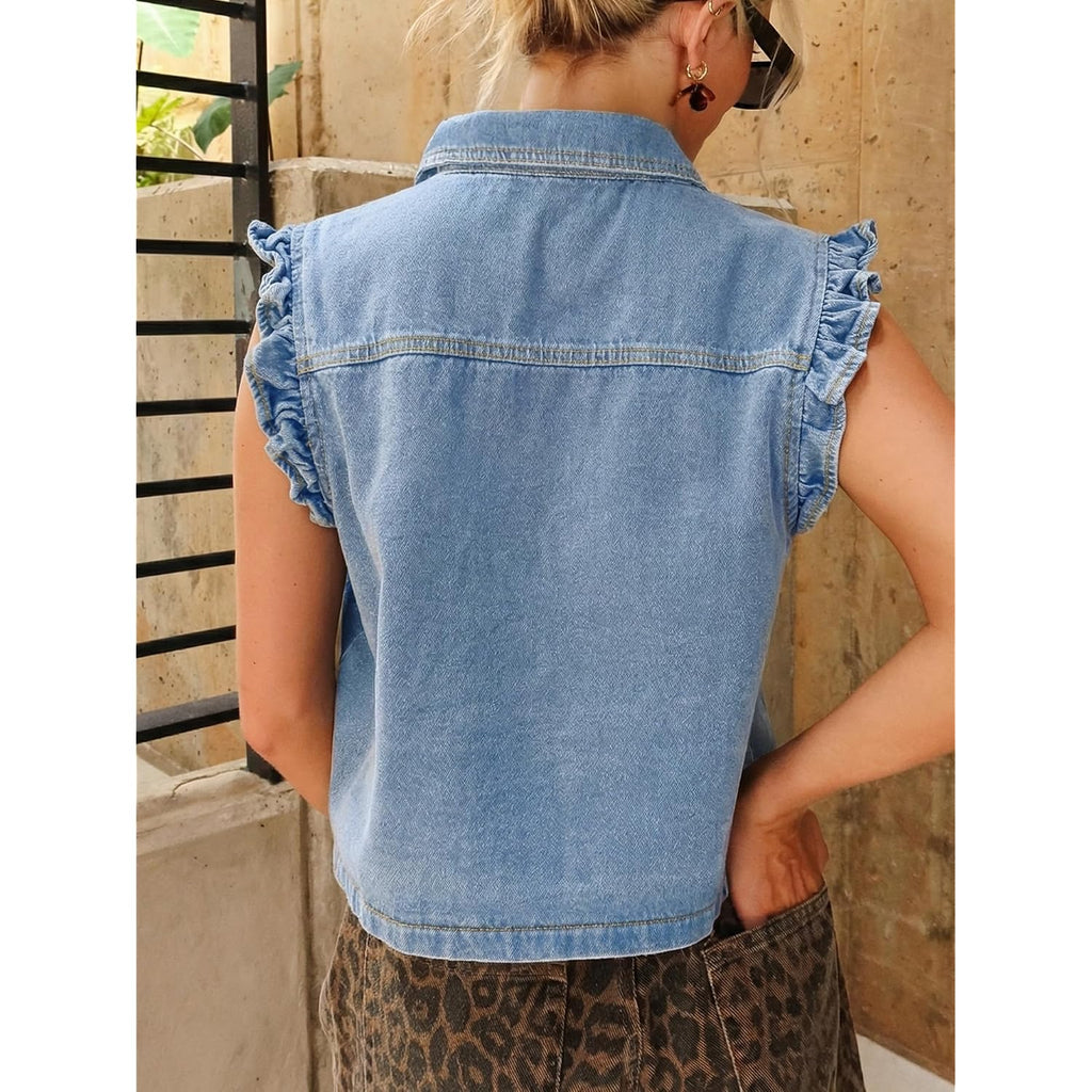 Women'S Casual Denim Vest Sleeveless Ruffle Cuffed Cropped Jacket Tops 2026 | Country Concert Outfits For Women,Western Clothing,Y2K Fashion,Denim Vest Shirts,Spring & Summer Fashion,Button Down Closure