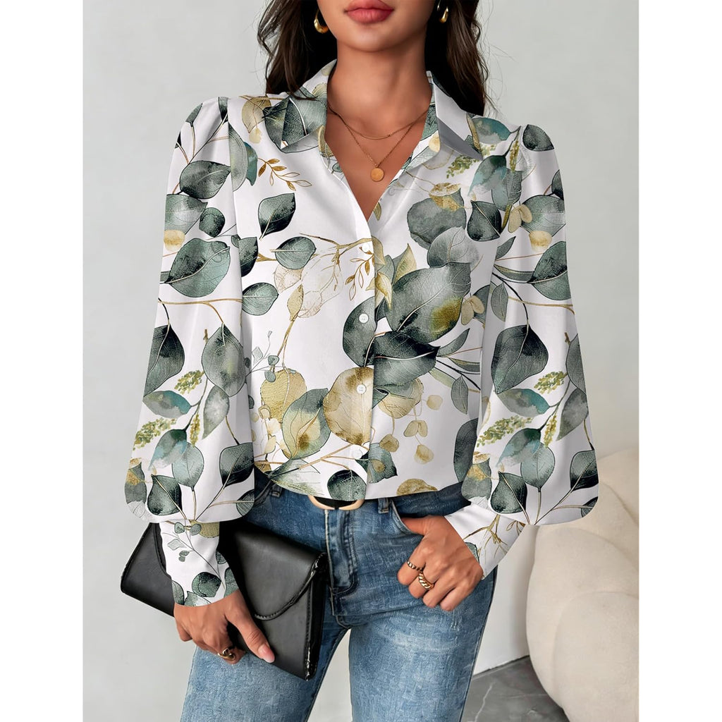 Women Button Down Shirts Lantern Long Sleeve Tops Business Casual Chiffon Blouses Trendy Work Clothes