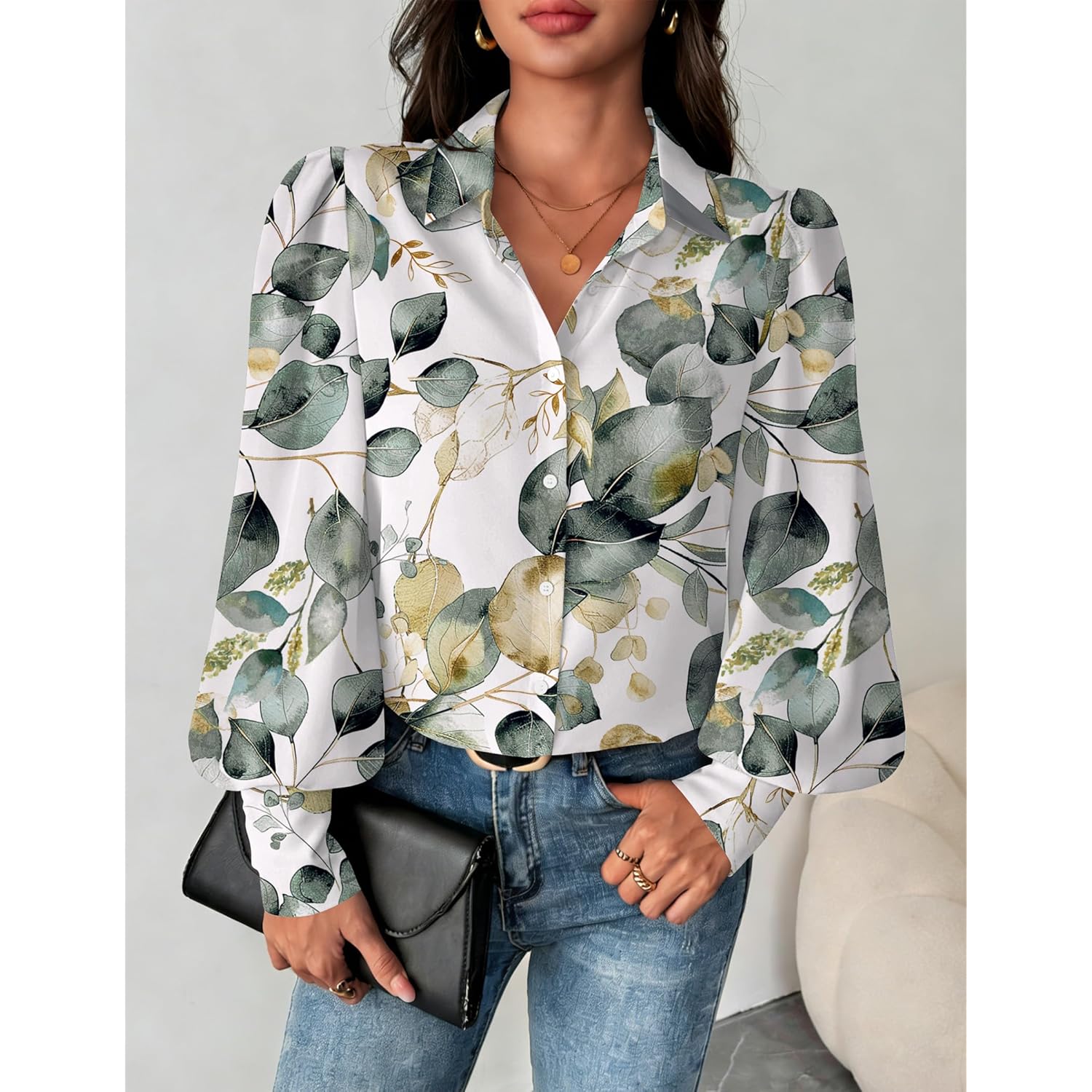 Women Button Down Shirts Lantern Long Sleeve Tops Business Casual Chiffon Blouses Trendy Work Clothes