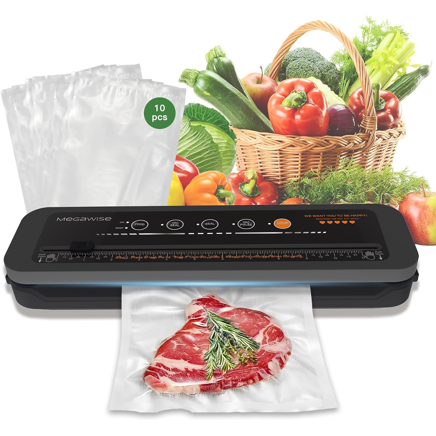 Megawise Powerful And Compact Vacuum Sealer Machine One-Touch Automatic Food Sealer