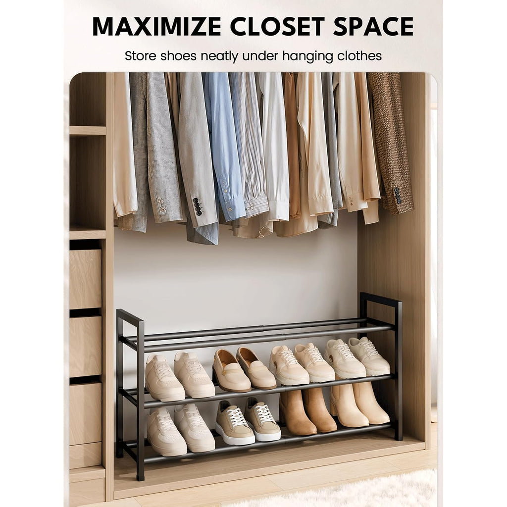 3-Tier Expandable Shoe Rack For Closet, 18“-33” Adjustable Shoe Rack For Small Space, Small Shoe Organizer For Front Door, Sturdy Metal, Black