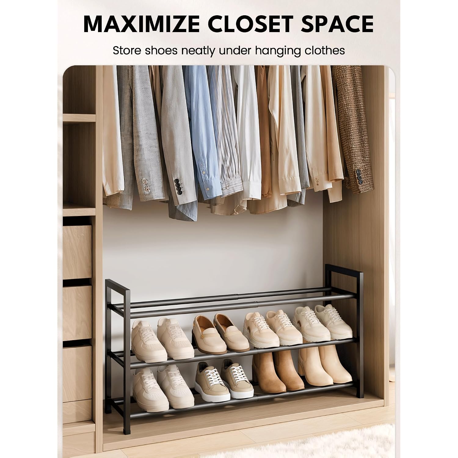 3-Tier Expandable Shoe Rack For Closet, 18“-33” Adjustable Shoe Rack For Small Space, Small Shoe Organizer For Front Door, Sturdy Metal, Black