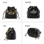 DORIS&JACKY Small Top Handle Bucket Bag, Designer Lambskin Drawstring Crossbody Purse with Chunky Chain Tote Strap