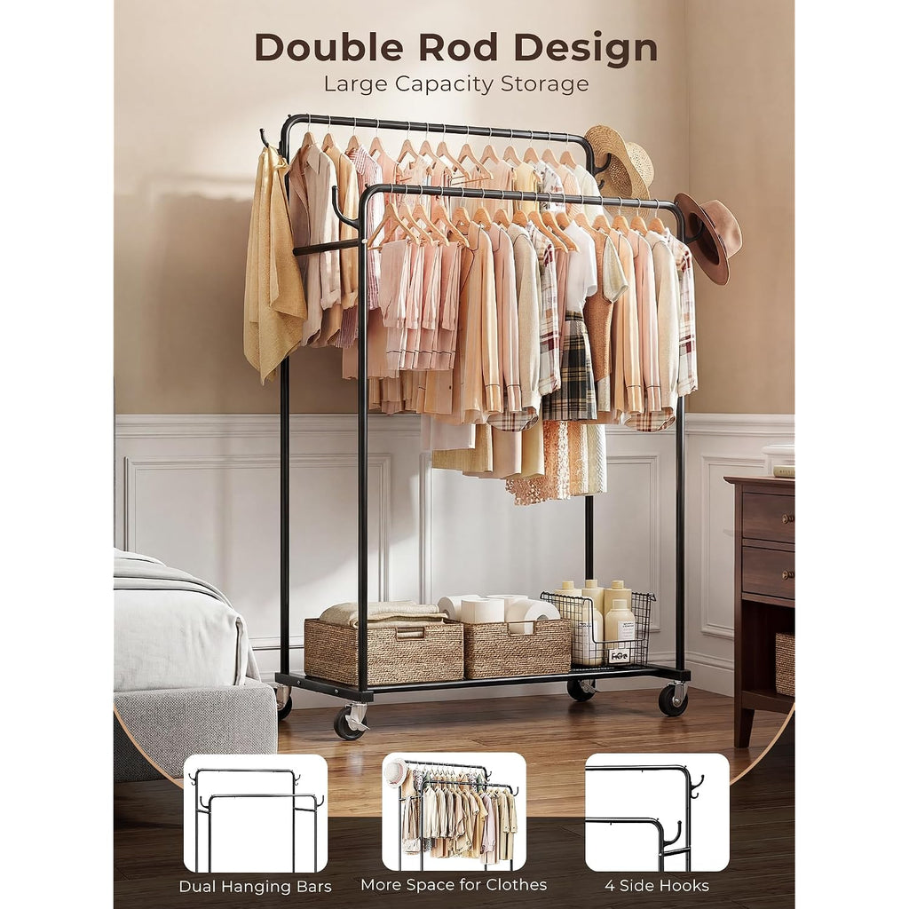 Clothes Rack, Rolling Clothing Rack With Double Rods For Hanging Clothes, Portable Garment Rack With Wheels, Metal Wardrobe Closet Organizer For Bedroom And Laundry Room