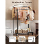 Clothes Rack, Rolling Clothing Rack With Double Rods For Hanging Clothes, Portable Garment Rack With Wheels, Metal Wardrobe Closet Organizer For Bedroom And Laundry Room