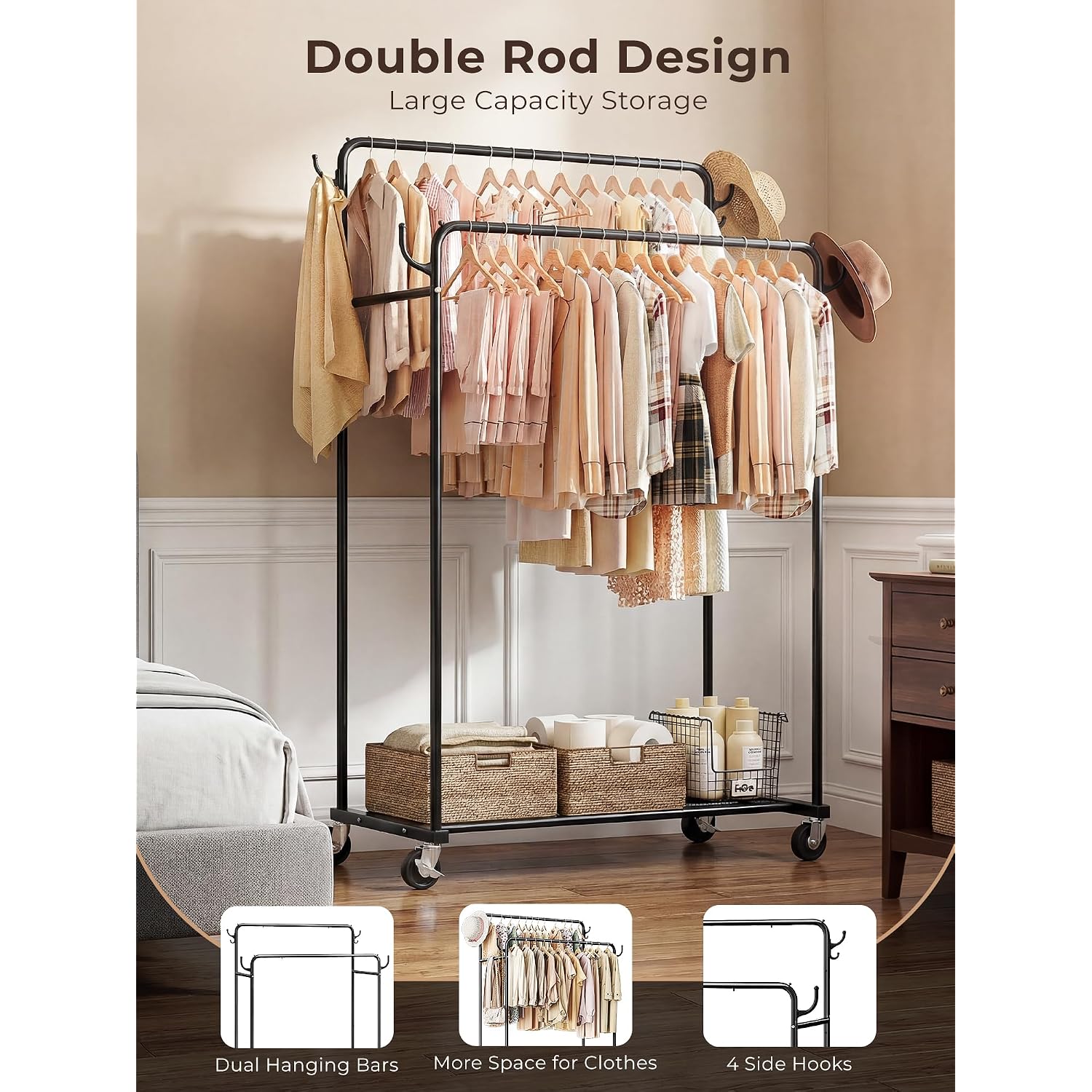 Clothes Rack, Rolling Clothing Rack With Double Rods For Hanging Clothes, Portable Garment Rack With Wheels, Metal Wardrobe Closet Organizer For Bedroom And Laundry Room