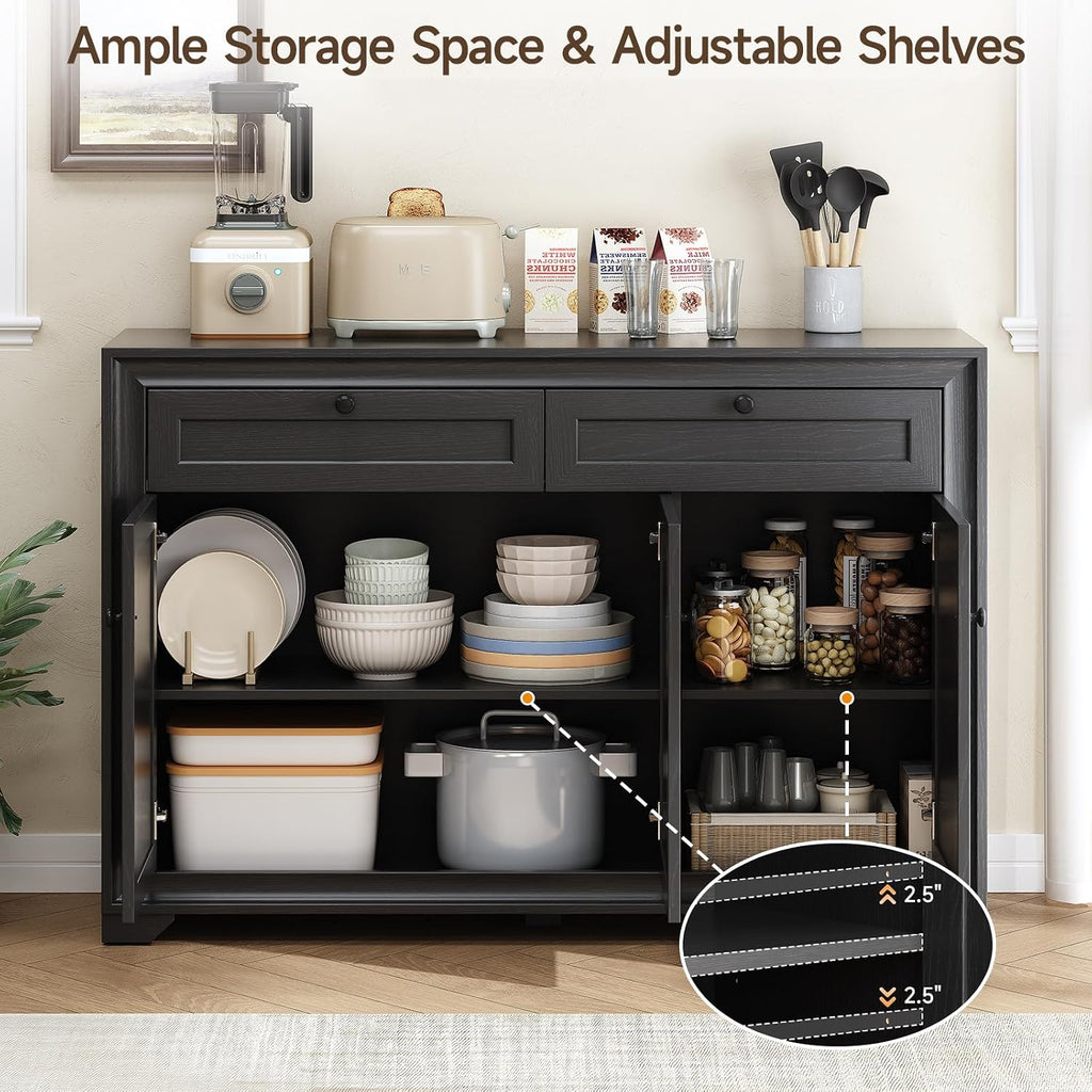 48 Inches Sideboard Buffet Cabinet With Storage, Farmhouse Sideboard With 2 Drawers And 3 Doors, Wood Coffee Bar Cabinet With Adjustable Shelves For Living Room, Kitchen, Hallway, Black