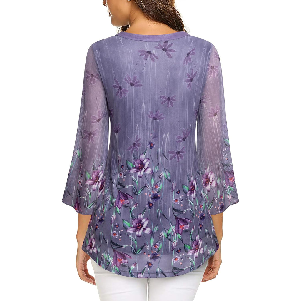 Women's 3/4 Sleeve Floral Tunic Tops V Neck Double Layers Loose Fit Mesh Blouses Shirt