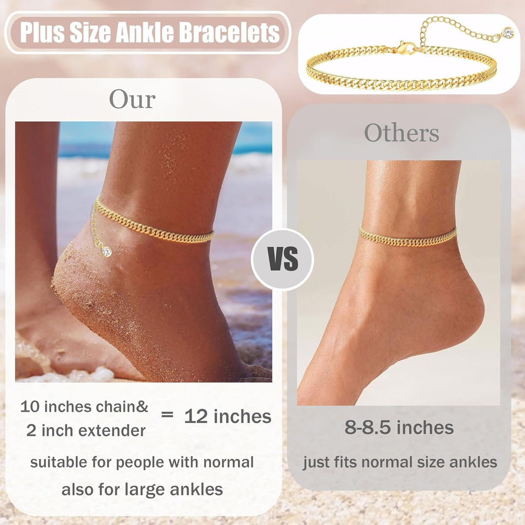 Plus Size Gold Ankle Bracelets for Women Big Ankles, Adjustable Ankle 14K Real Gold Plated Cuban Link Chain Figaro Snake Herringbone Extra Large Anklet Bracelets,Summer Beach Foot Jewelry 10-12inch