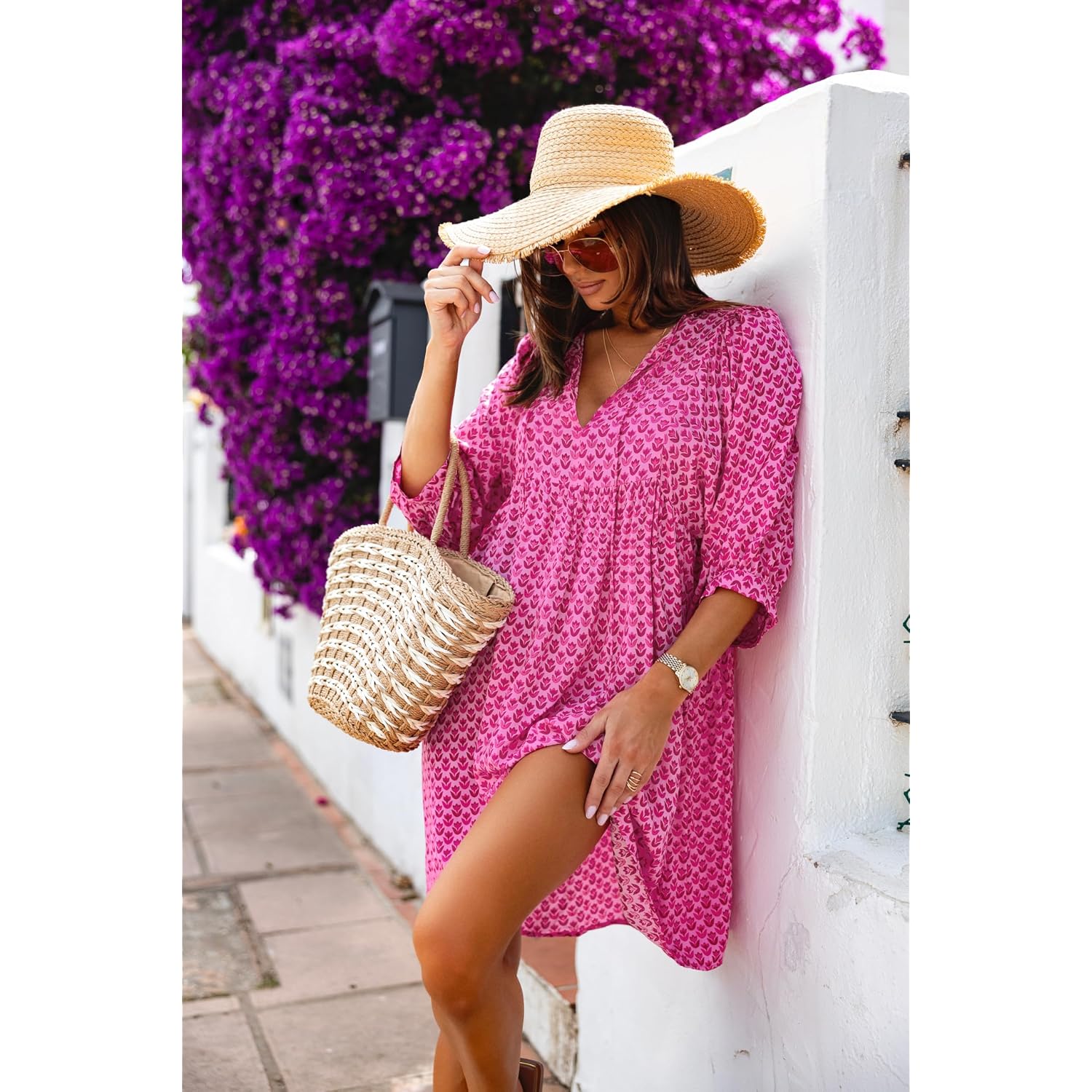 Miduo Womens Casual V Neck Summer Half Sleeve Bohemian Floral Mini Tunic Short Dresses