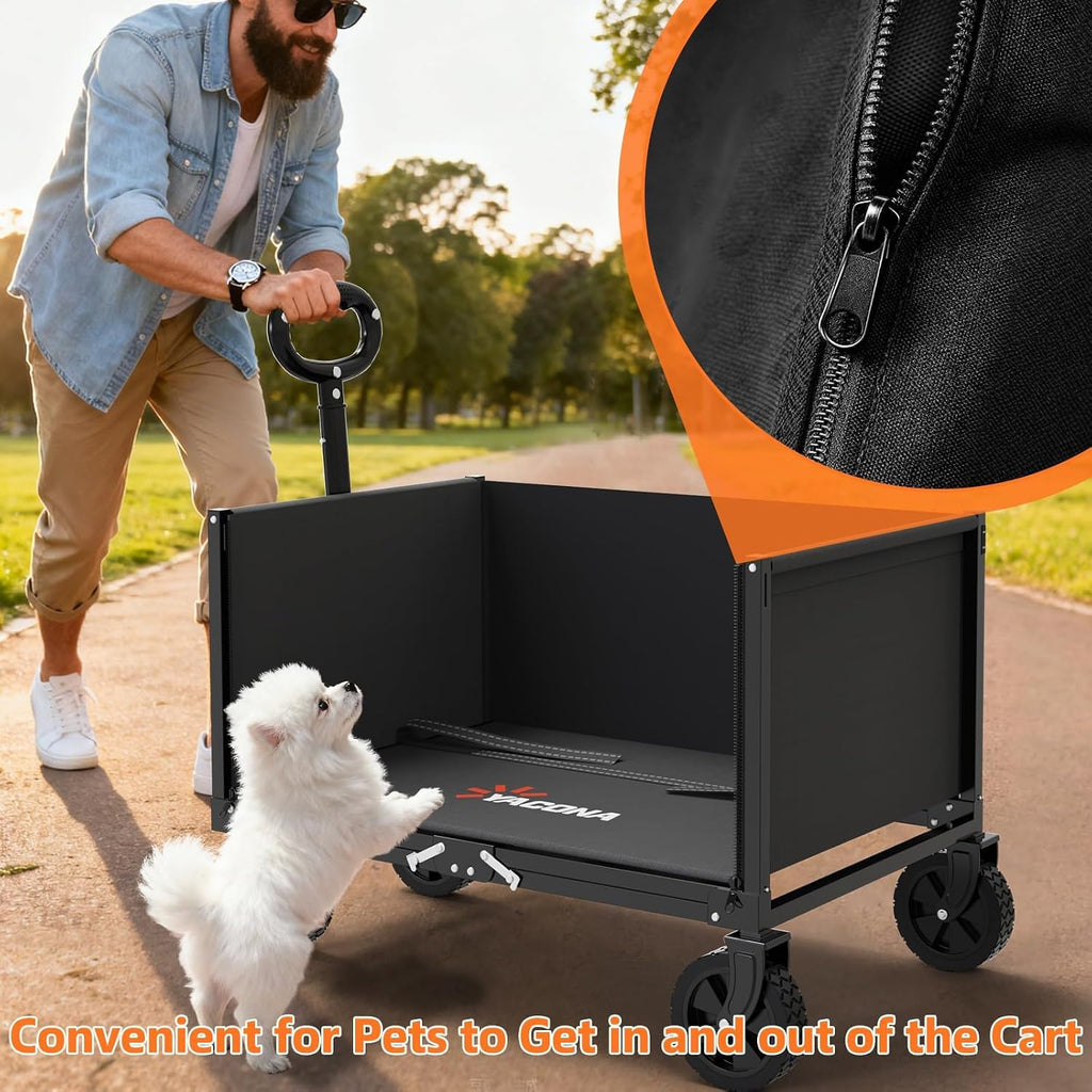 3 In 1 Wagons Carts Foldable With 360Lbs Capacity, 120L Heavy Duty Collapsible Wagon, Utility Wagon Cart With Wheels For Grocery, Camping, Shopping, Beach, Garden Black