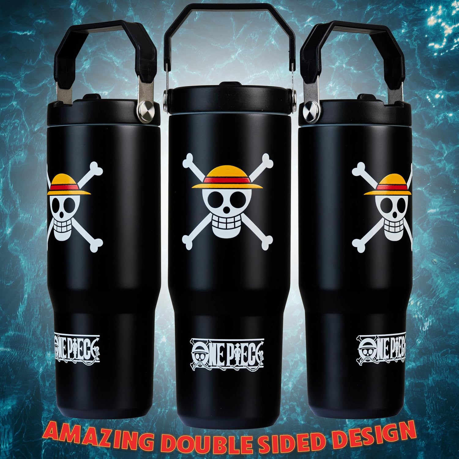 Get Trend One Piece Tumbler With Straw 30Oz Kids Teens Insulated Cup With Lid Handle Travel Mug Cups With Lids For School Sports Anime Gifts For Kids (Black One Piece)