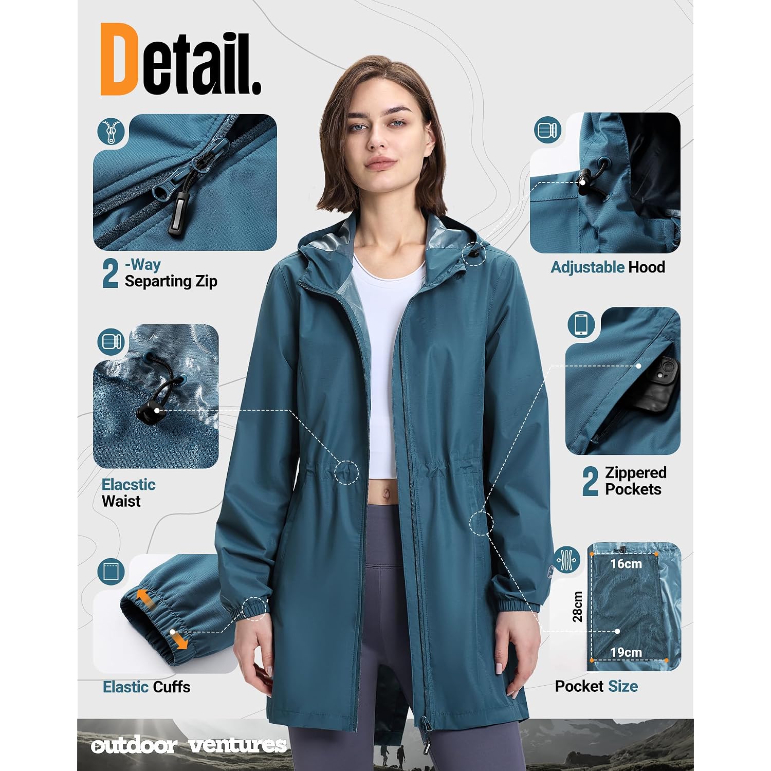 Outdoor Ventures Women'S Waterproof Long Rain Coats Packable Lightweight Rain Jacket With Hood Windproof Trench Coats