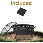 Sunnydaze Crossweave Large Outdoor Fire Pit, Wood Burning, Round, 36" | Black, Heavy Duty Steel Metal, Patio Fire Pit With Spark Screen, Poker, & Cover, Wood Firepit For Outside, Backyard, Or Deck