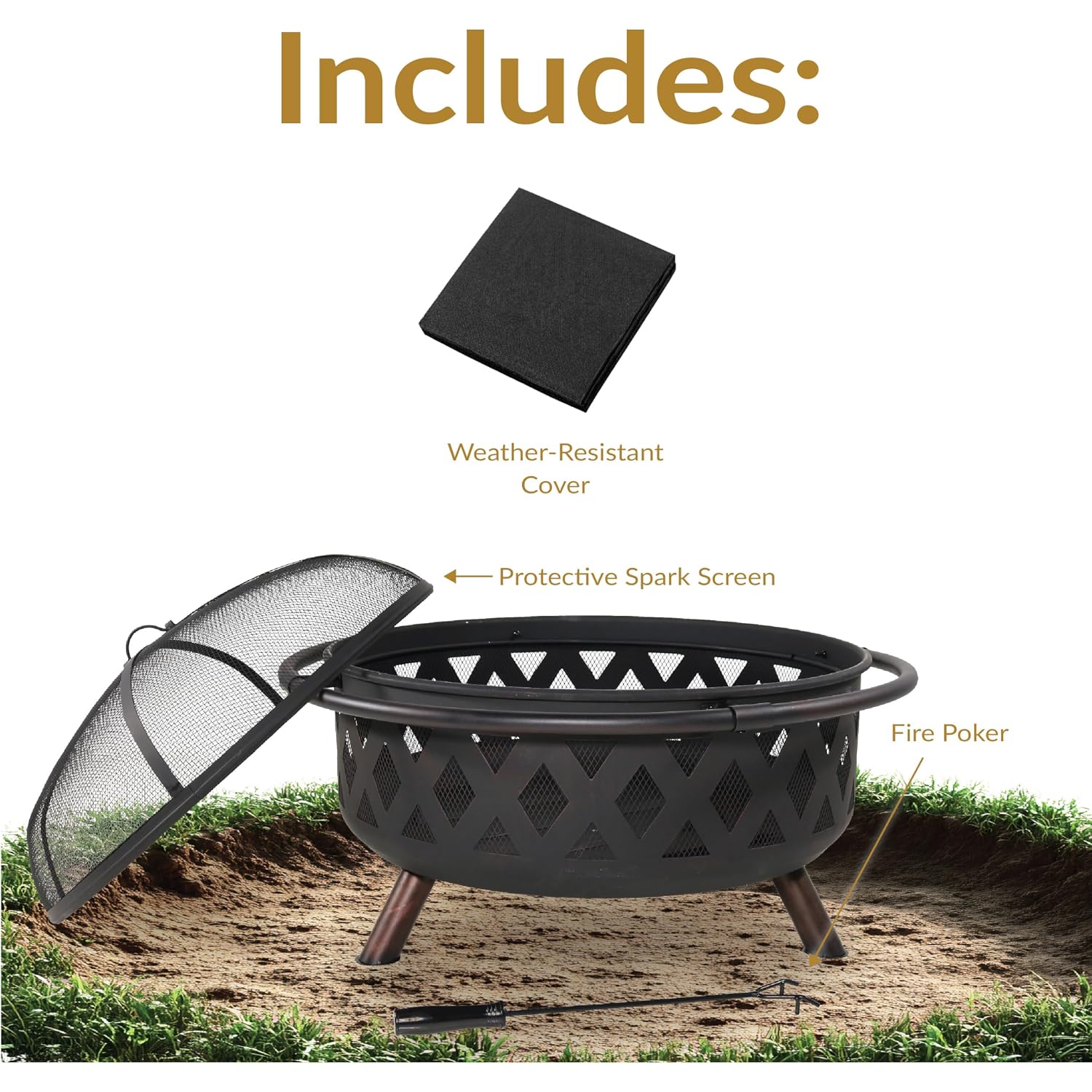 Sunnydaze Crossweave Large Outdoor Fire Pit, Wood Burning, Round, 36" | Black, Heavy Duty Steel Metal, Patio Fire Pit With Spark Screen, Poker, & Cover, Wood Firepit For Outside, Backyard, Or Deck