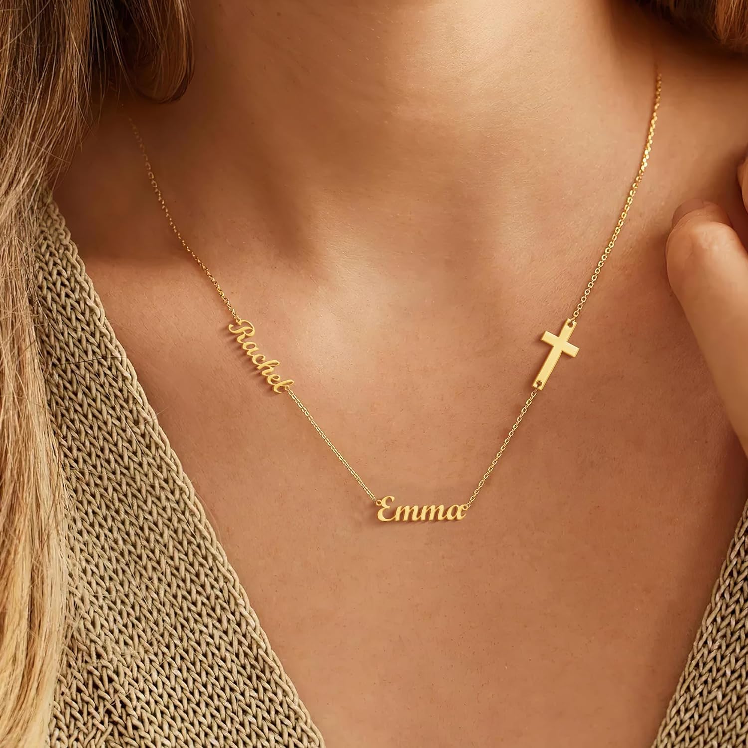 Elemtansy Mothers Day Custom Name Necklace with 1-3 Tiny Names - 18K Gold-Plated Family Necklace Personalized with Heart, Cross, Paw Print - Birthday Jewelry Gifts for Mom, Wife