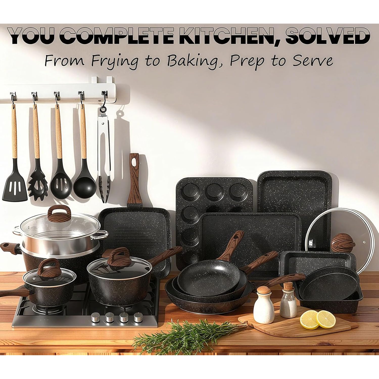 Pots and Pans Set Non Stick, 31 Piece Kitchen Induction Cookware & Bakeware Set, Nonstick Kitchen Cooking Pans Set with Frying Pans Set Grill Pan Saucepan Baking Sheet & Utensils, PFOA Free