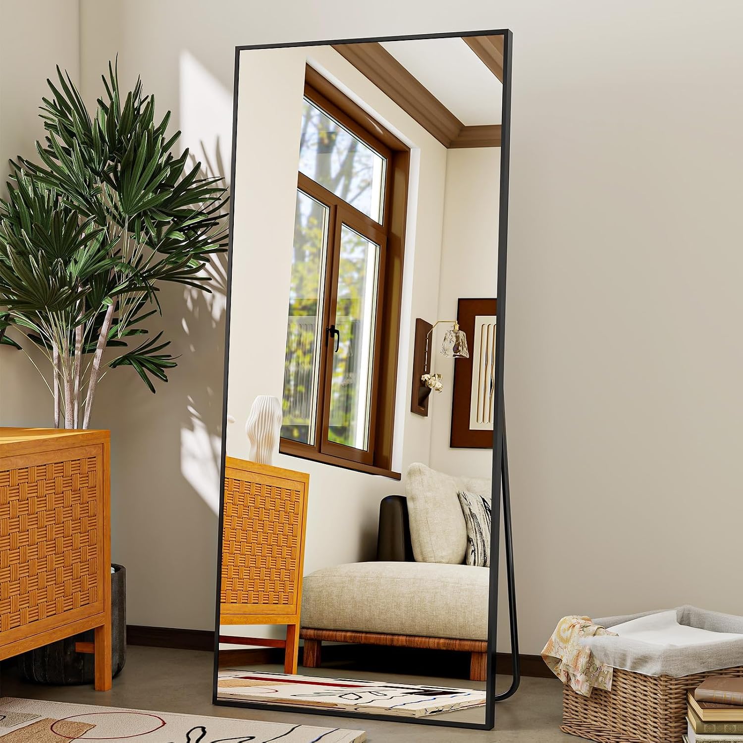 Mirror Full Length - 21" X 57" Floor Mirror With Stand, Aluminum Alloy Frame Full Body Mirror, Standing Hanging Or Leaning Against Wall For Bedroom And Living Room, Black