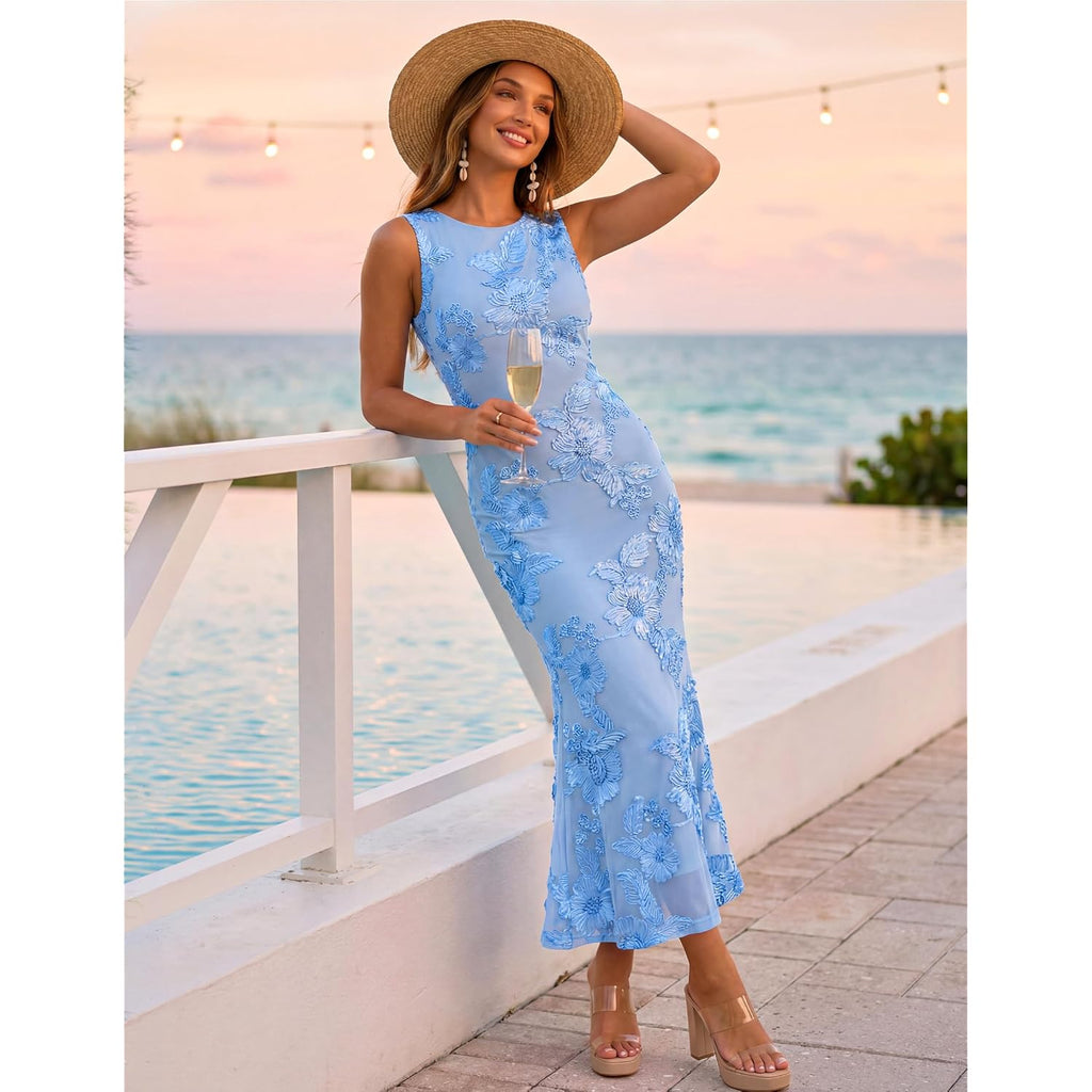 Zesica Womens 2026 Summer Floral Wedding Guest Midi Dress Sleeveless Mesh Slit Bodycon Formal Cocktail Party Dresses